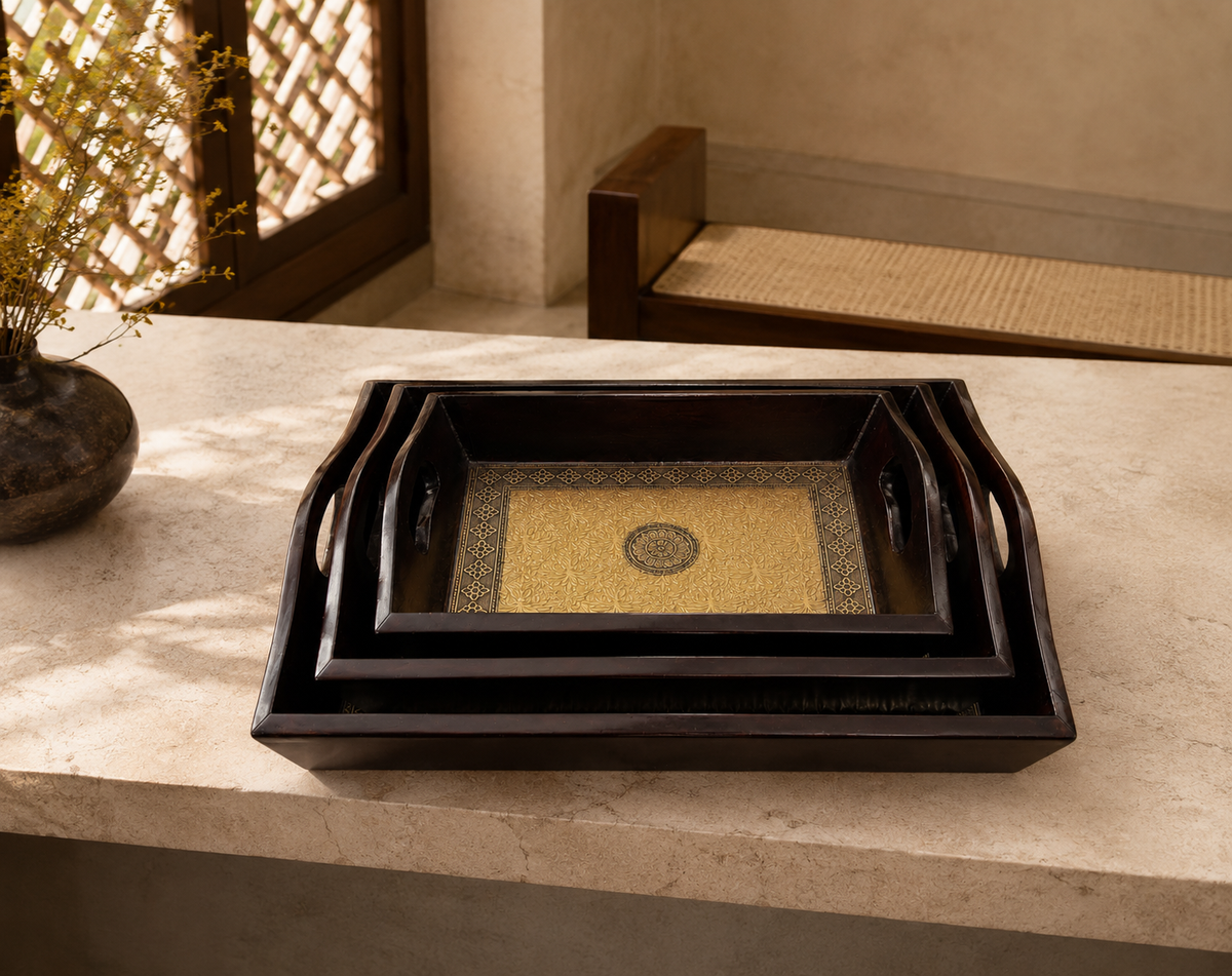 Regal Mandala Gold-Tone Nested Trays set of three in a warm interior