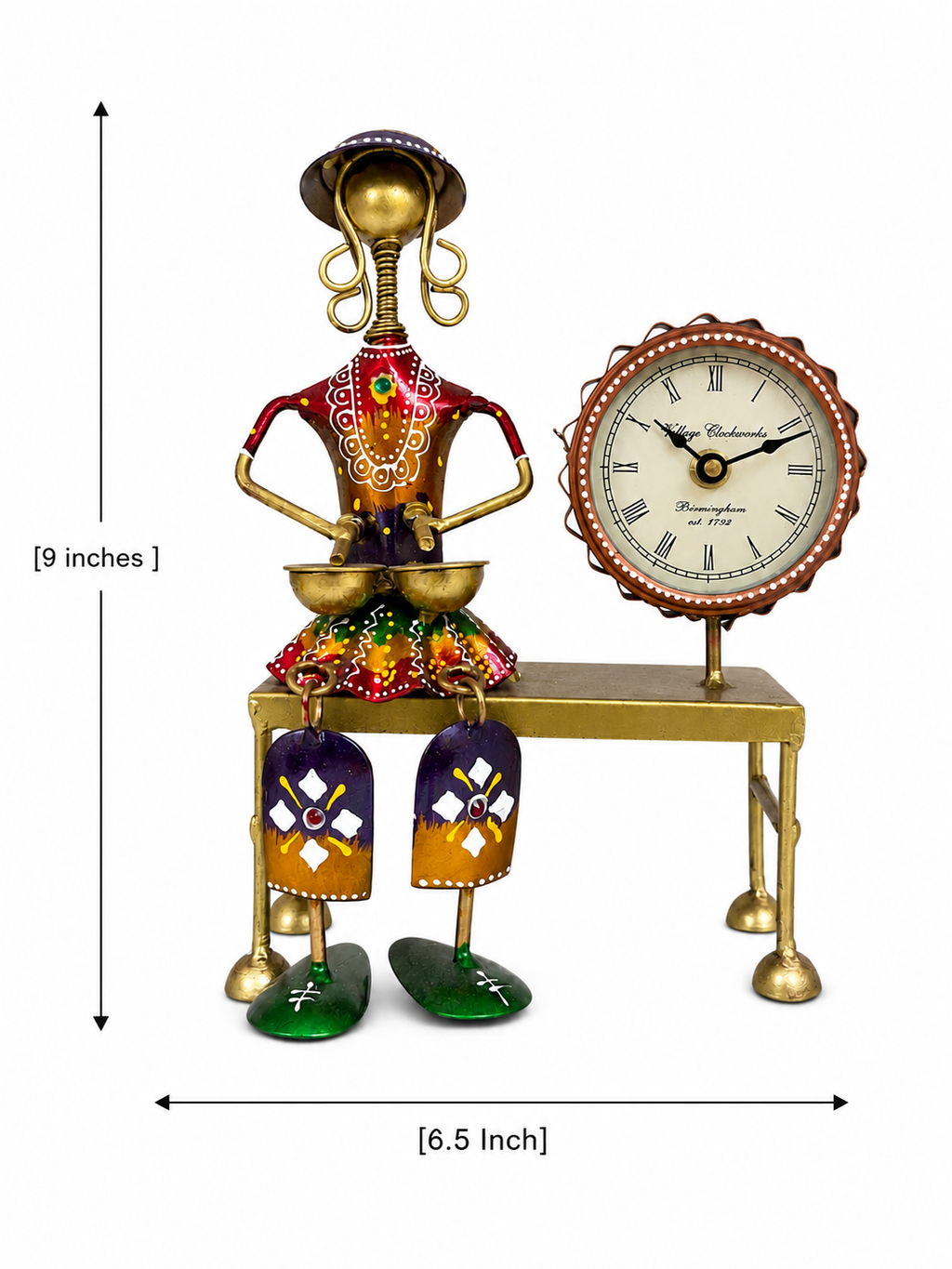 Folk drummer table clock showing 6.5-inch width and 9-inch height