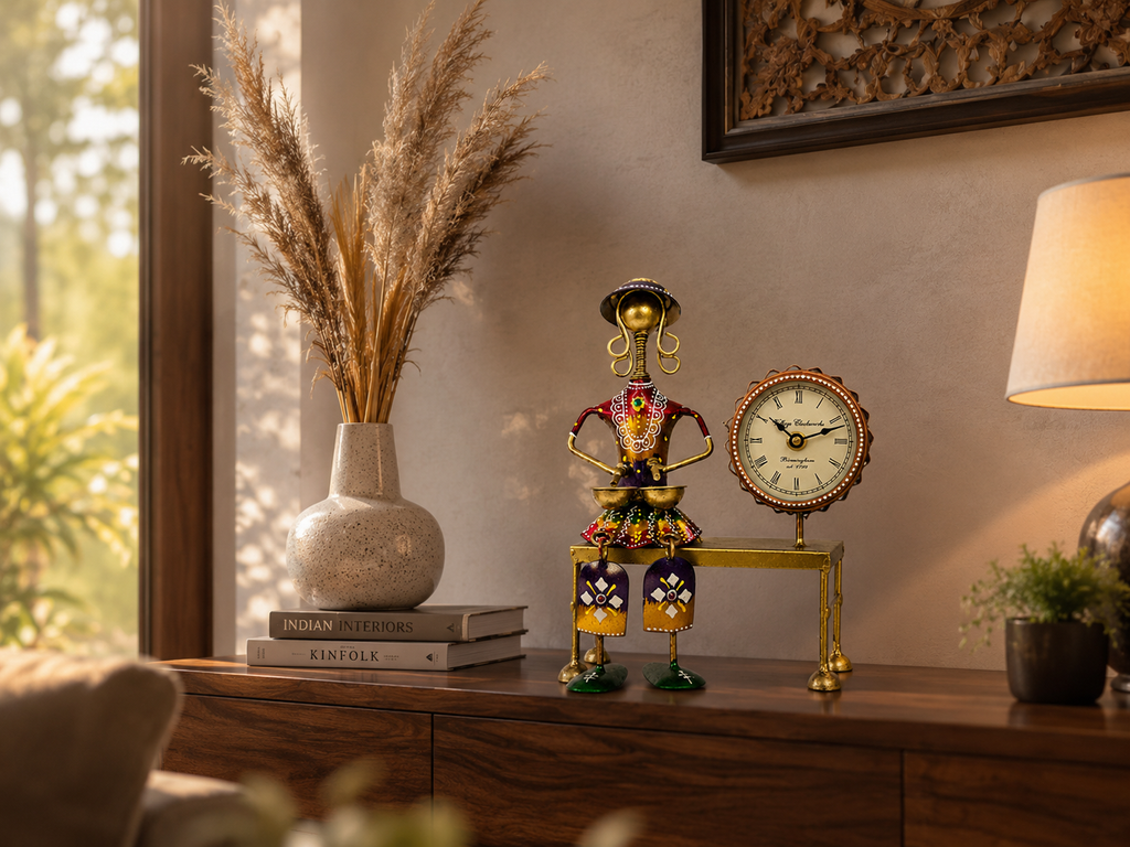 Folk drummer table clock styled on a living room console
