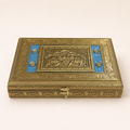 Royal Gaj jewellery box with twin-elephant lid motif, blue panels and gold-tone floral borders