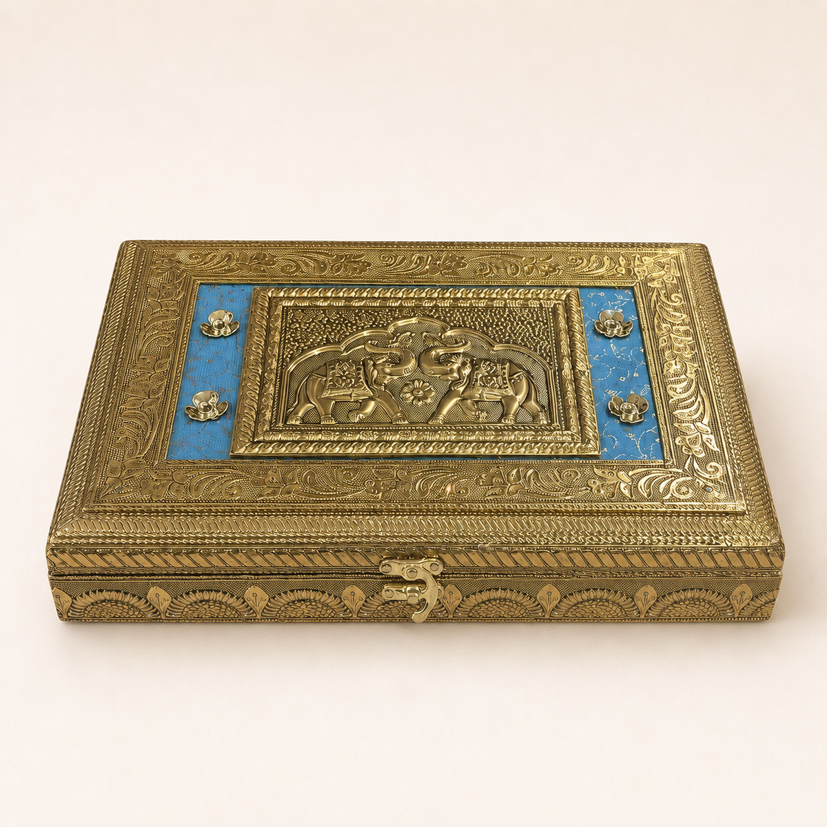 Royal Gaj jewellery box with twin-elephant lid motif, blue panels and gold-tone floral borders