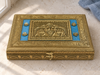 Twin-elephant motif and blue floral panels on the Royal Gaj jewellery box, displayed on cream stone