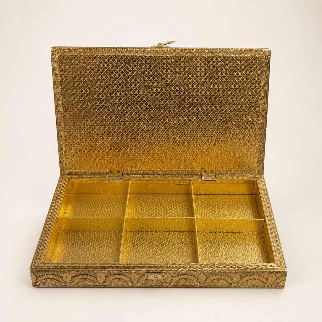 Open Royal Gaj jewellery box showing six compartments and a gold-tone diamond-patterned interior