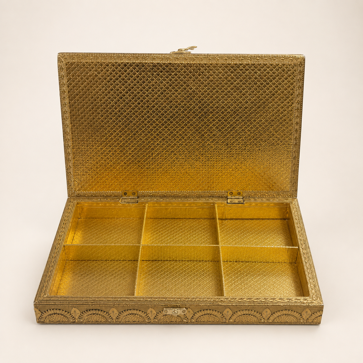 Open Royal Gaj jewellery box showing six compartments and a gold-tone diamond-patterned interior