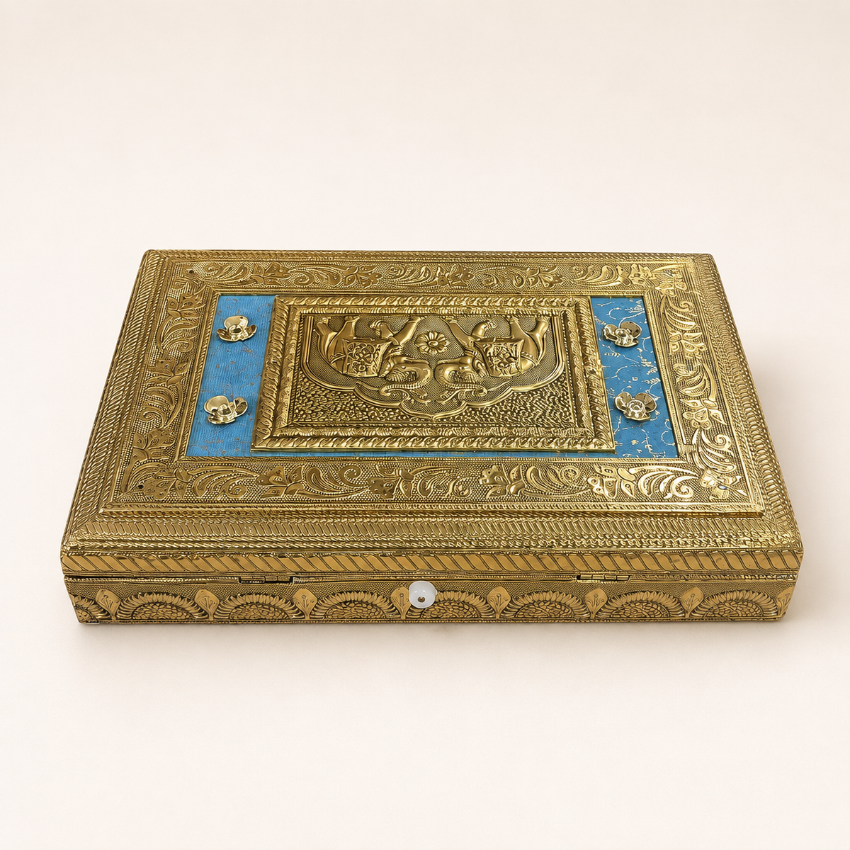 Rear view of the Royal Gaj blue and gold-tone jewellery box with lid hinges