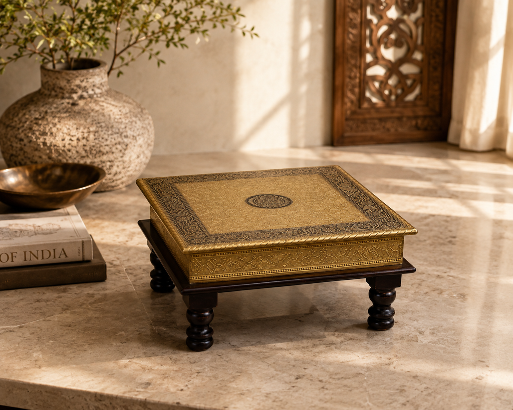 Royal Mandala Gold-Tone Square Chowki styled in a warm interior