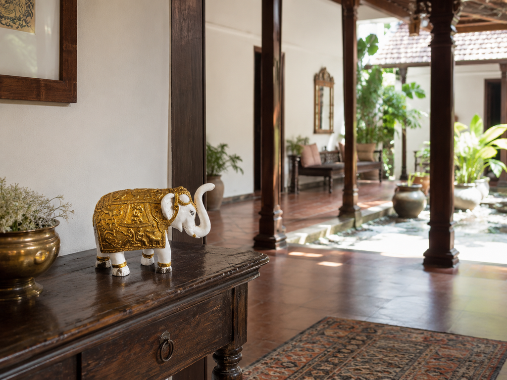 Ivory and gold raised-trunk elephant sculpture displayed on a dark wood table beside a traditional courtyard