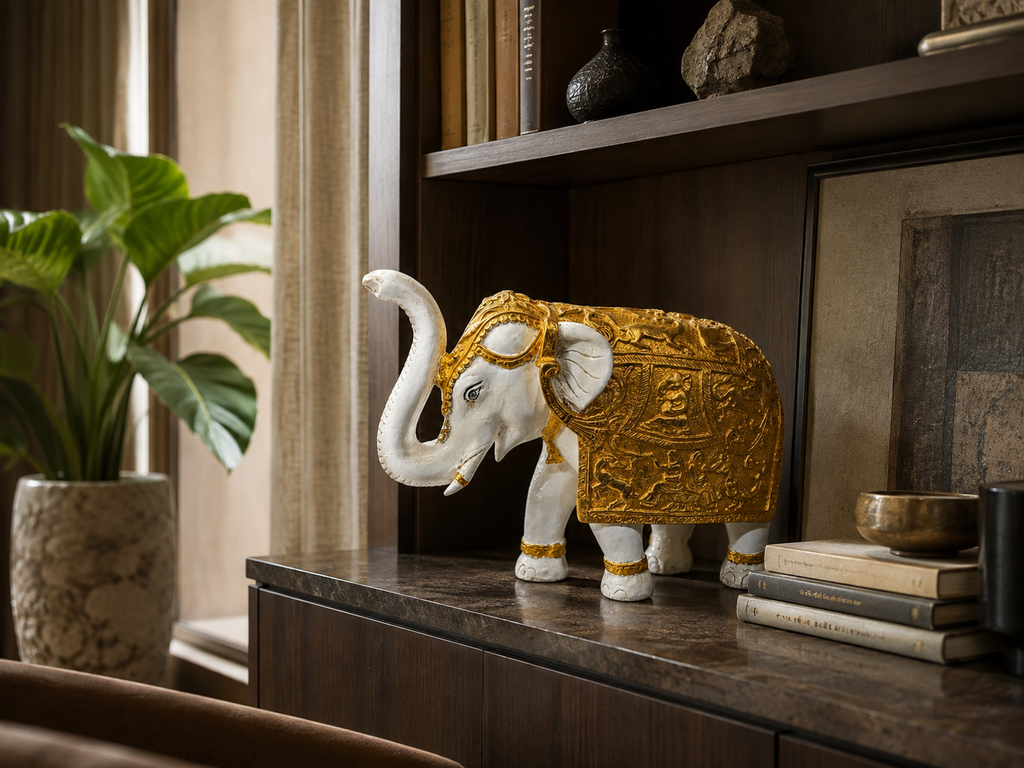 Ivory and gold raised-trunk elephant sculpture styled on a dark wood console