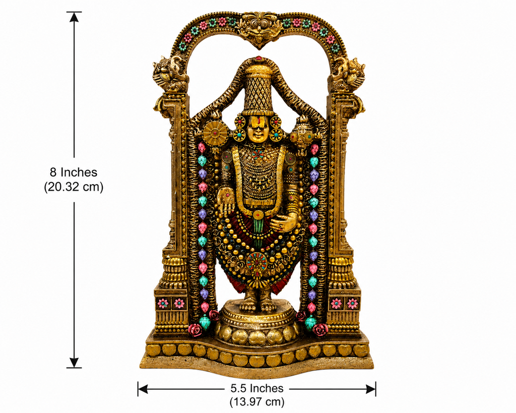 Tirupati Balaji idol dimensions showing 8 inches high by 5.5 inches wide, 20.32 by 13.97 cm