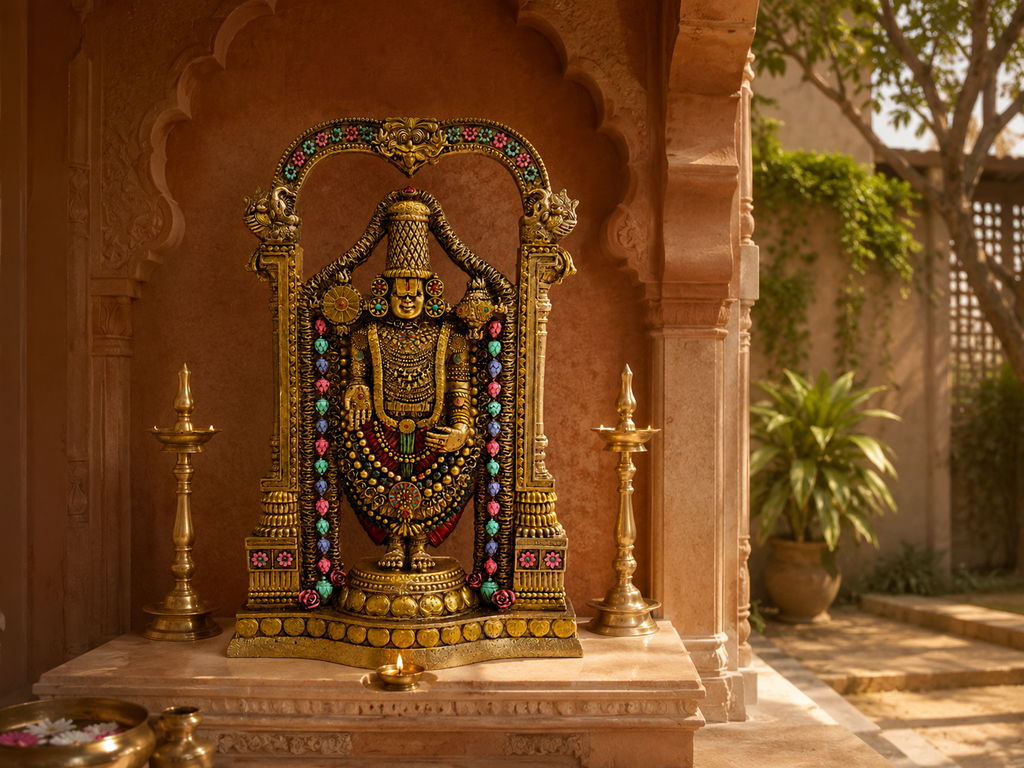 Tirupati Balaji idol beneath a floral arch in a warm temple setting with lamps