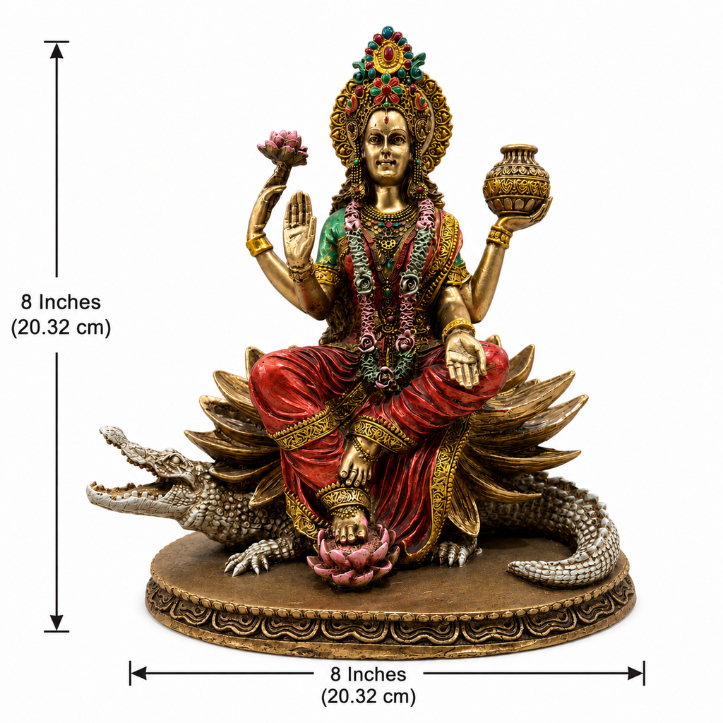 Ganga Maa idol dimension image showing 8 inches in height and 8 inches in width, 20.32 by 20.32 cm