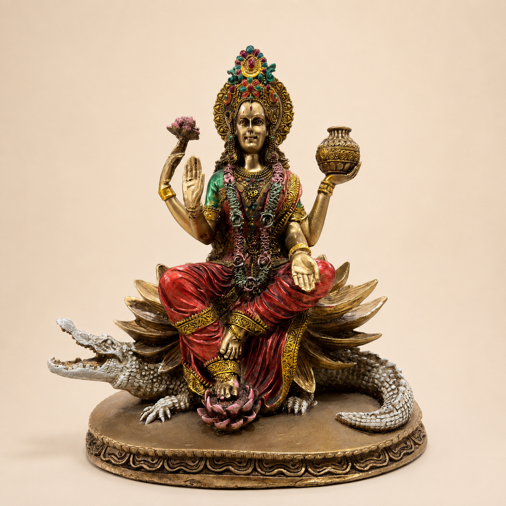 Sacred Flow Ganga Maa idol seated on a lotus above a crocodile-like mount, with red attire and gold-tone detailing, front view