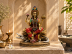 Ganga Maa idol with lotus seat and crocodile-like mount in a shrine lit by golden sunlight