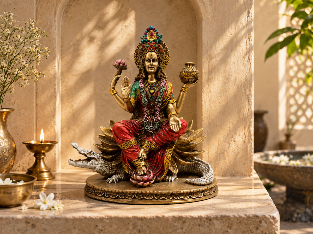 Ganga Maa idol with lotus seat and crocodile-like mount in a shrine lit by golden sunlight