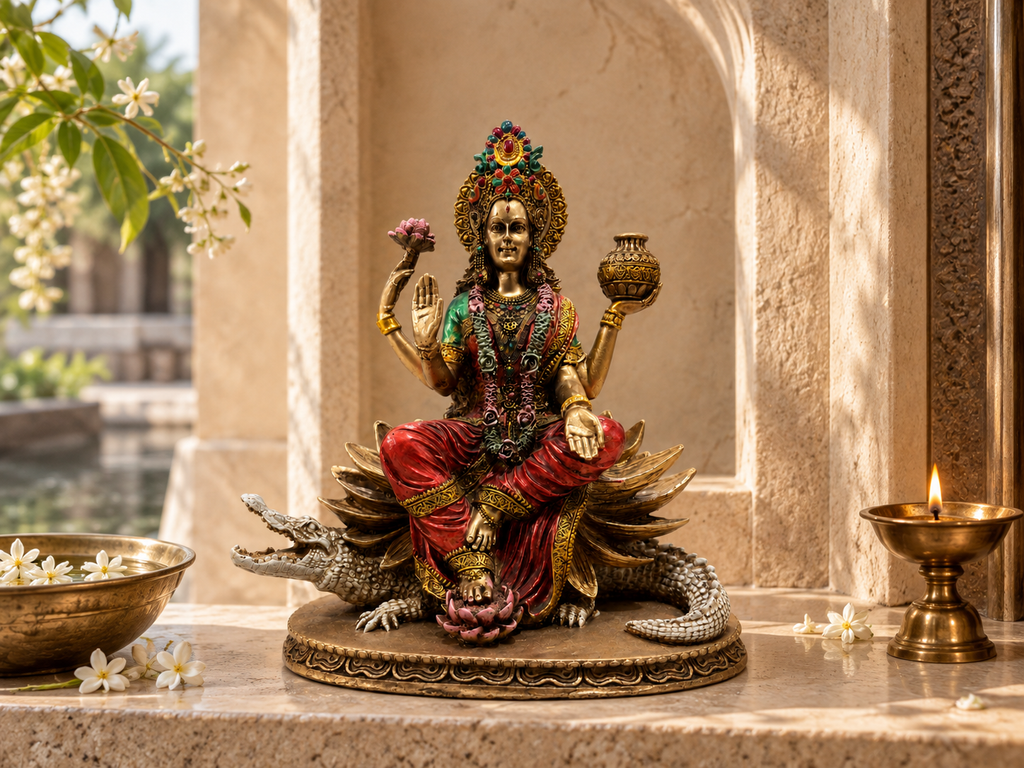 Ganga Maa idol on a home altar with lotus details, flowers and a lamp