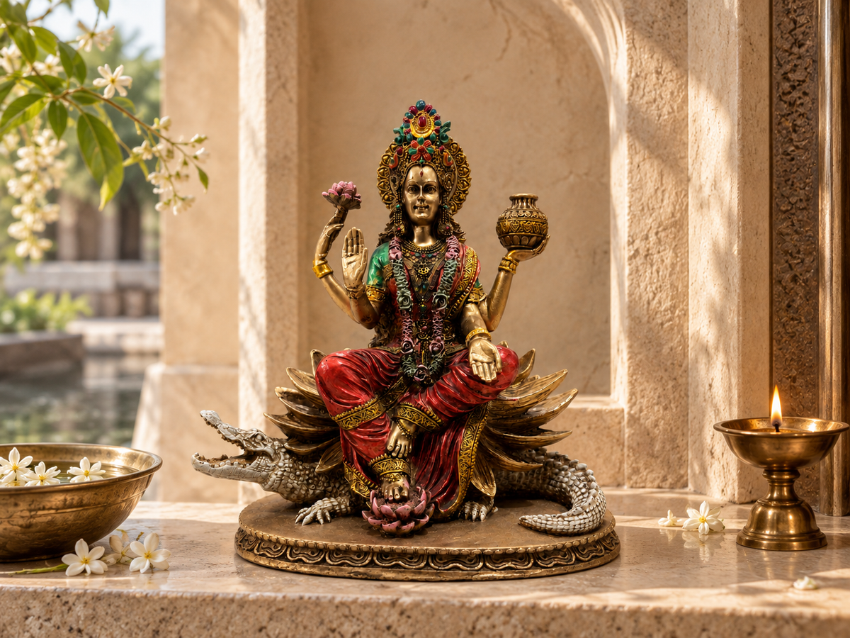 Ganga Maa idol on a home altar with lotus details, flowers and a lamp