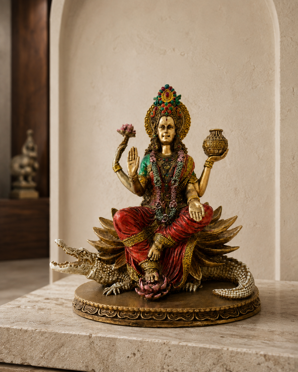 Seated Ganga Maa idol displayed in a warm stone alcove