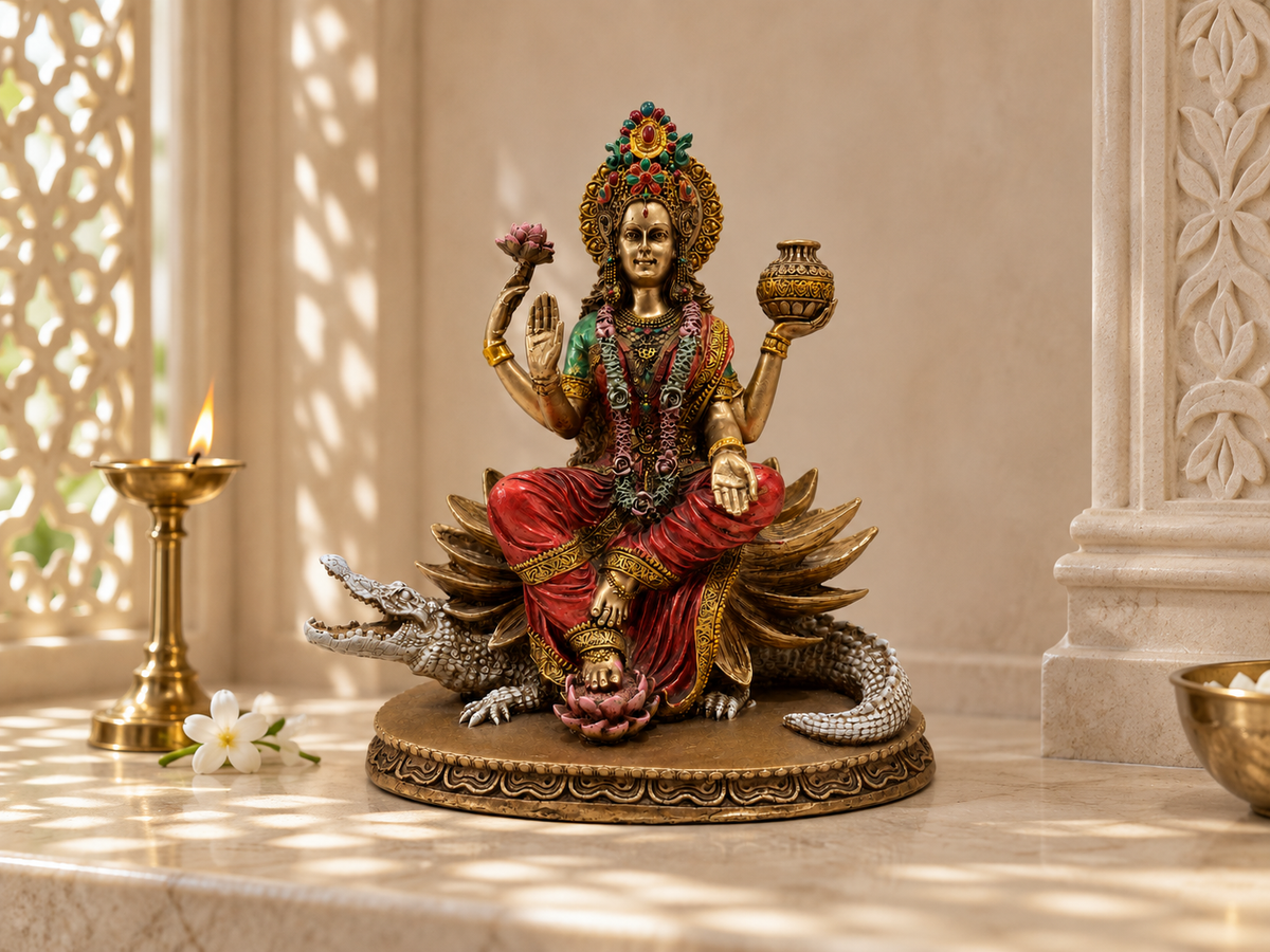 Ganga Maa idol on a sunlit altar beside a tall lamp and white flowers