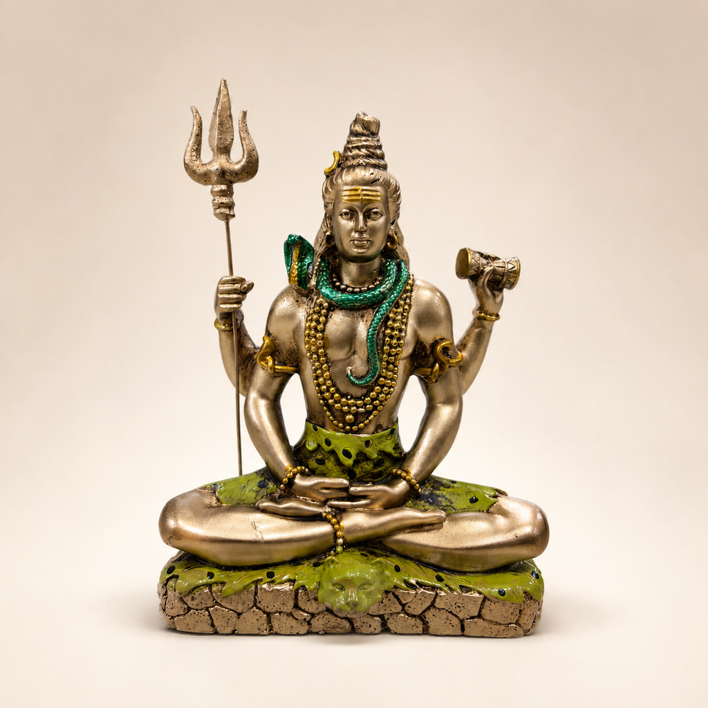 Meditating Shiva idol holding a trishul and damru, with a green serpent and gold-tone finish, front view