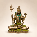Meditating Shiva idol holding a trishul and damru, with a green serpent and gold-tone finish, front view