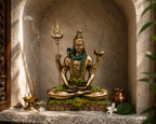 Meditating Shiva idol in a warm stone prayer niche with flowers, lamps and incense
