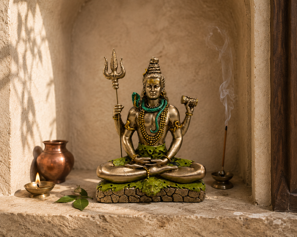 Meditating Shiva idol displayed in a sunlit stone shrine with a diya, copper-tone vessel and incense