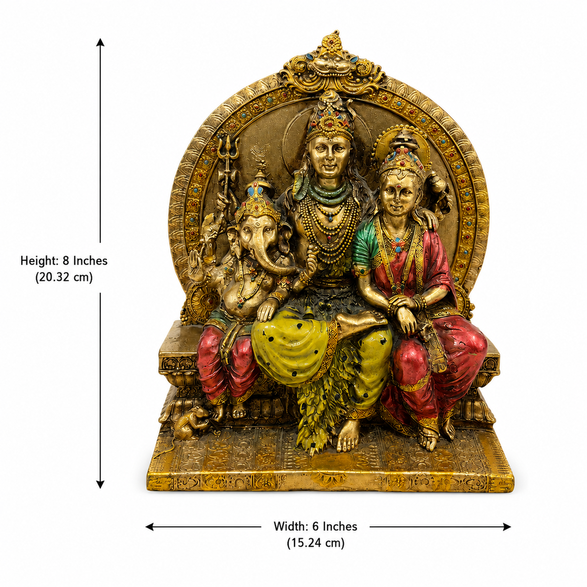 Shiva Parvati Ganesha idol dimension image showing 8 inches in height and 6 inches in width, 20.32 by 15.24 cm