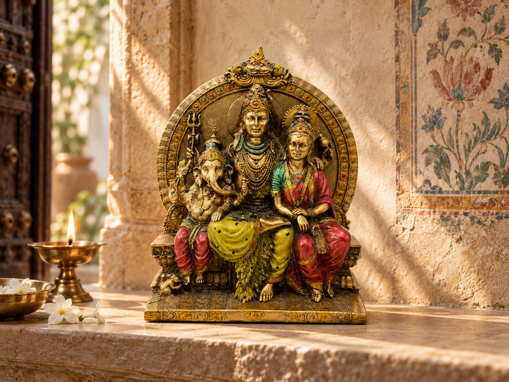 Shiva Parvati Ganesha idol on a sunlit stone altar beside a lamp and flowers
