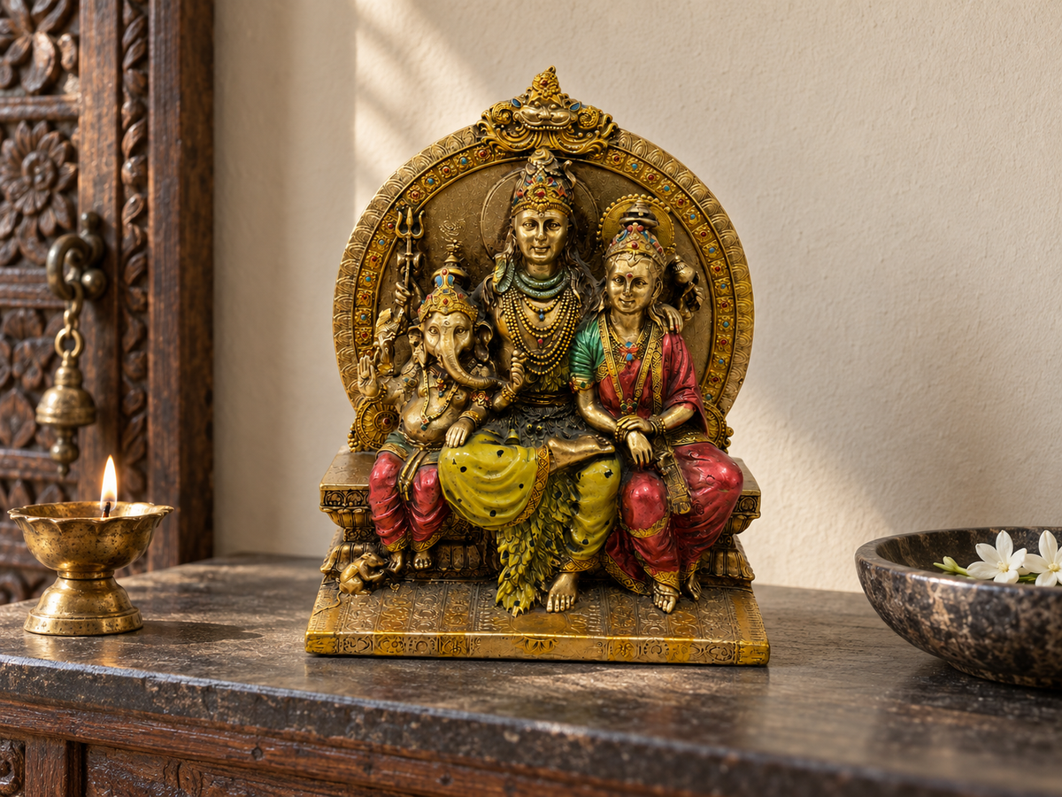 Shiva Parvati Ganesha idol displayed on a dark stone home altar with a diya and white flowers