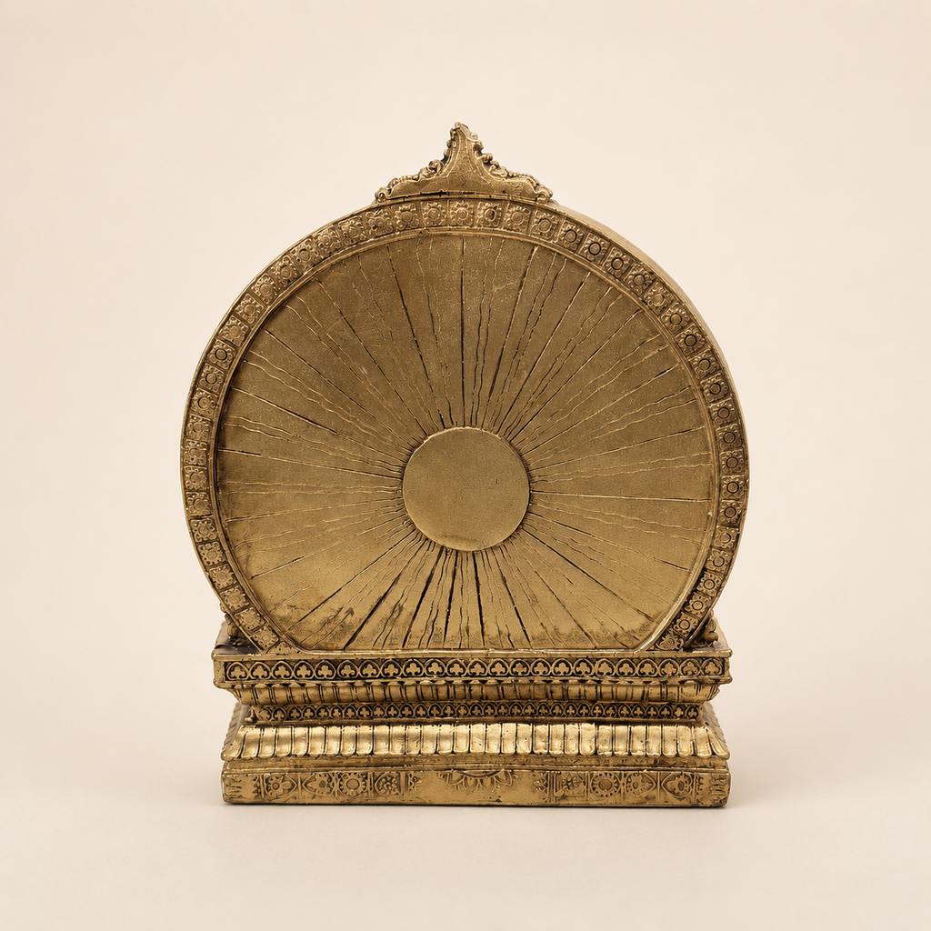 Rear view of the Shiva Parvati Ganesha idol showing the gold-tone circular backdrop and patterned base
