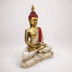 Serene Flame meditating Buddha sculpture viewed from a three-quarter angle