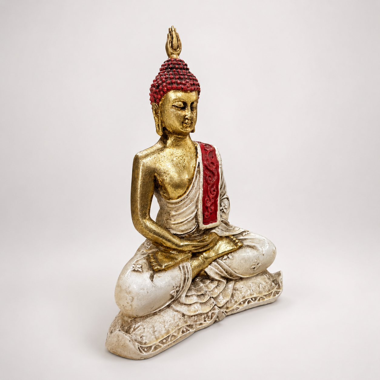 Serene Flame meditating Buddha sculpture viewed from a three-quarter angle