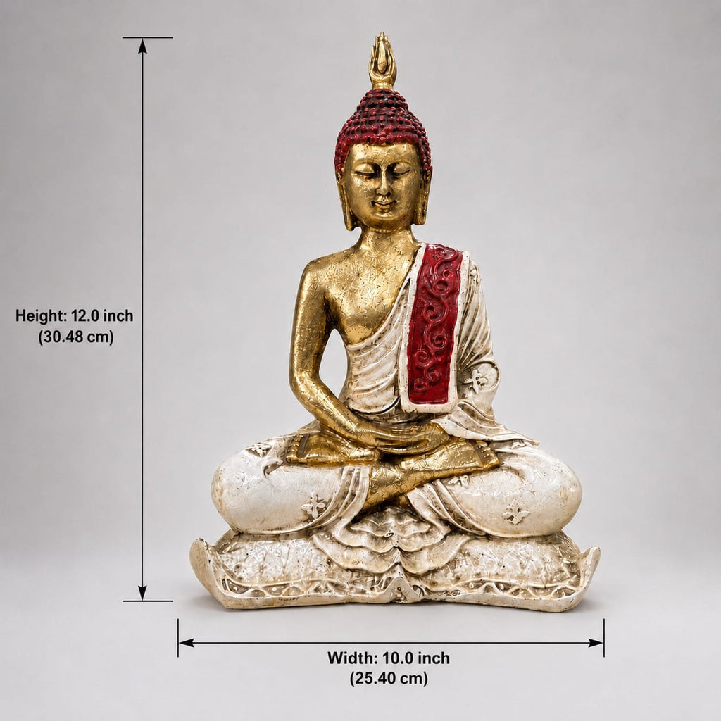 Serene Flame meditating Buddha sculpture dimensions: 10 inches wide and 12 inches high