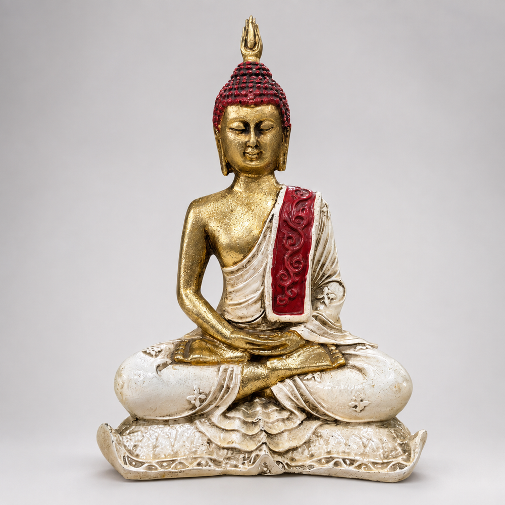 Serene Flame gold, ivory and deep-red meditating Buddha sculpture, front view
