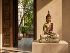 Gold, ivory and deep-red meditating Buddha sculpture displayed on a warm neutral pedestal