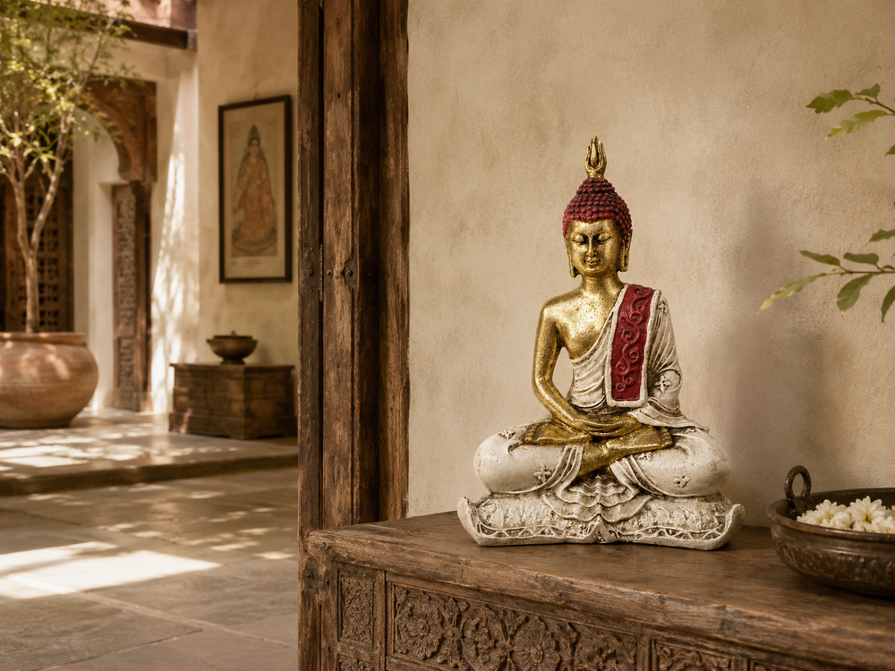 Gold, ivory and deep-red meditating Buddha sculpture styled on a carved wood console