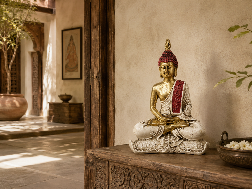 Gold, ivory and deep-red meditating Buddha sculpture styled on a carved wood console