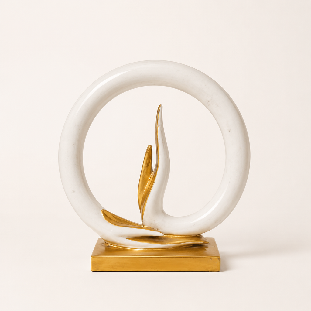 Serene Mudra ivory and gold circular decorative sculpture, alternate view