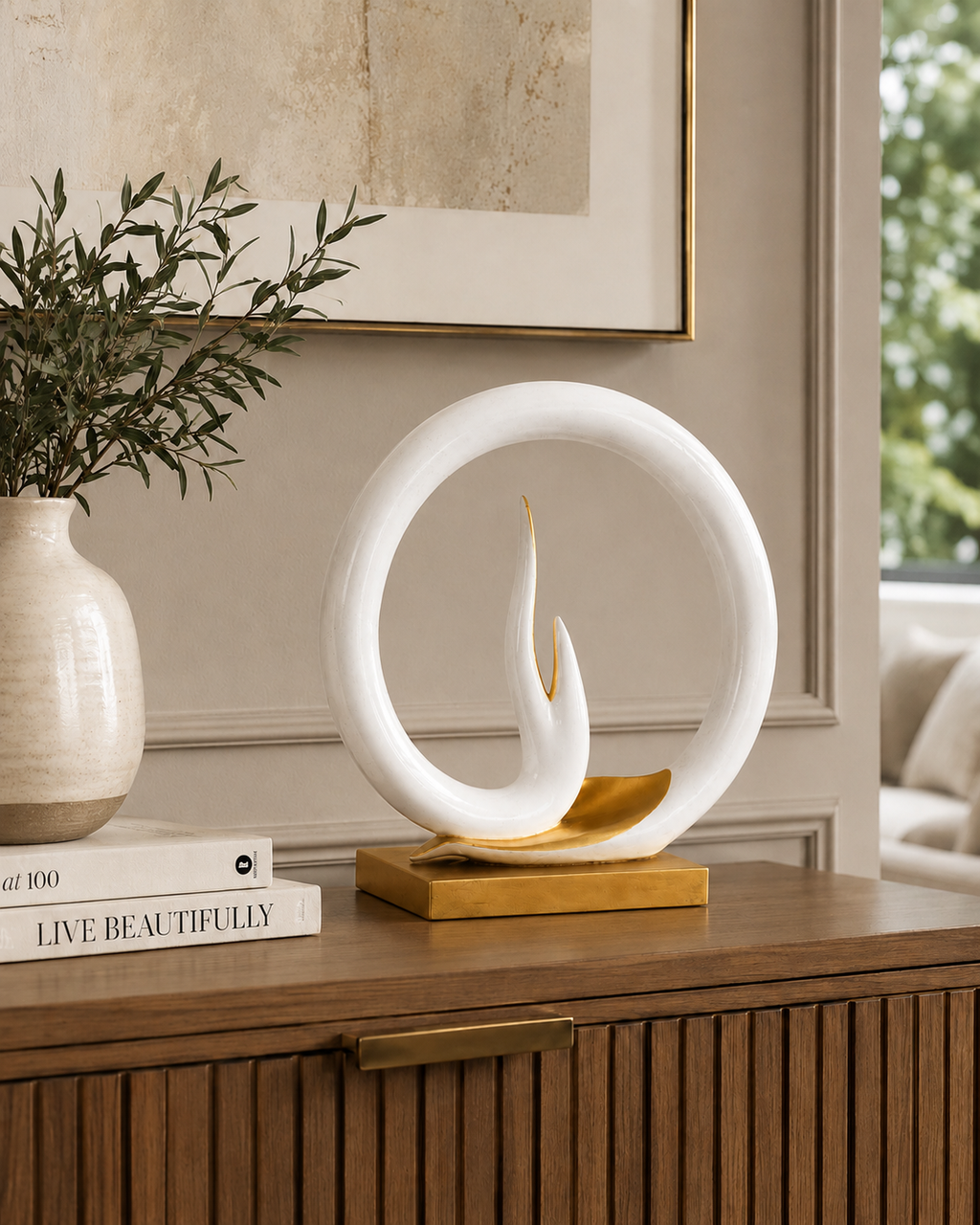 Serene Mudra sculpture styled on a wooden console
