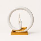 Serene Mudra ivory and gold circular decorative sculpture, front view
