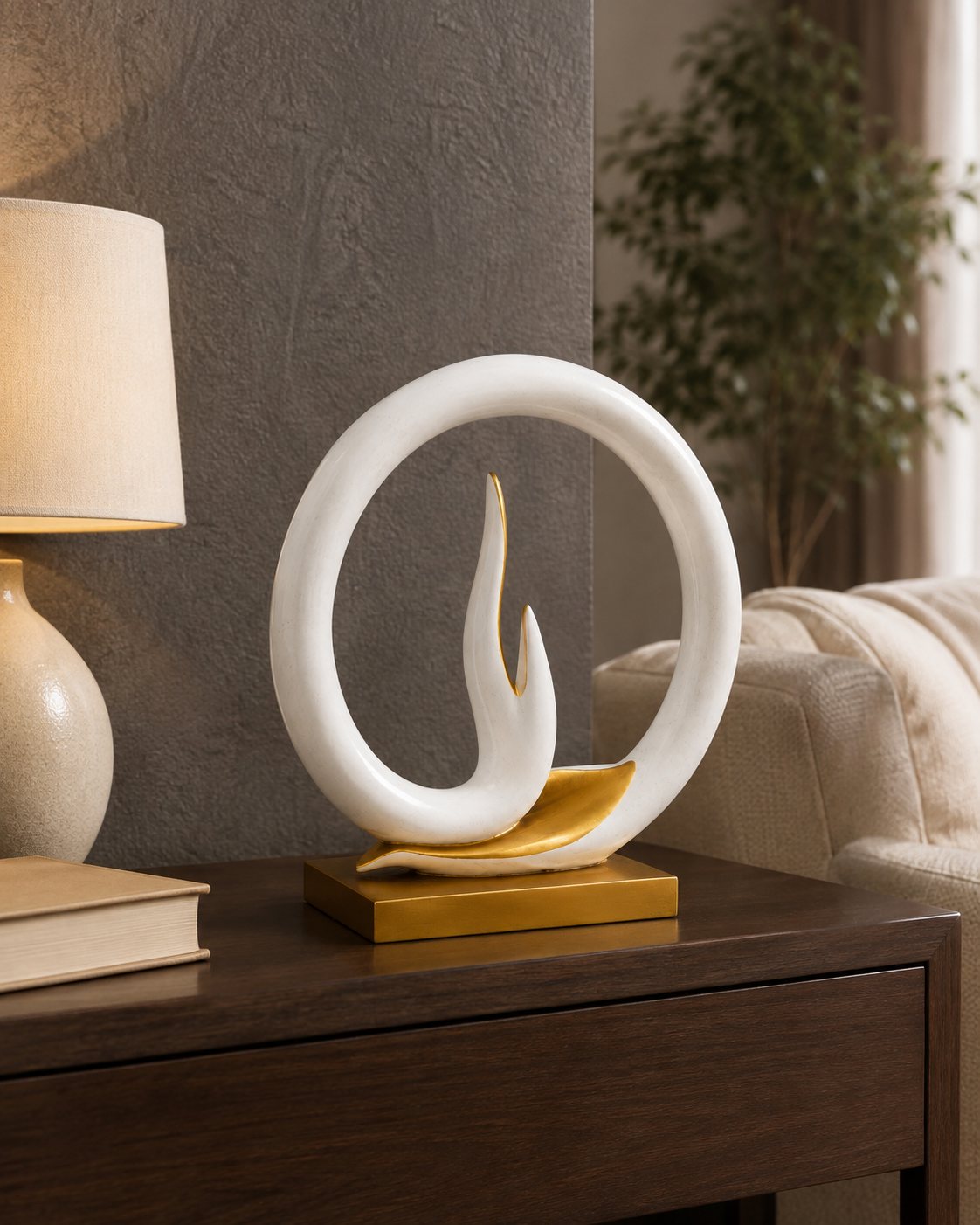 Serene Mudra sculpture styled on a dark wood side table