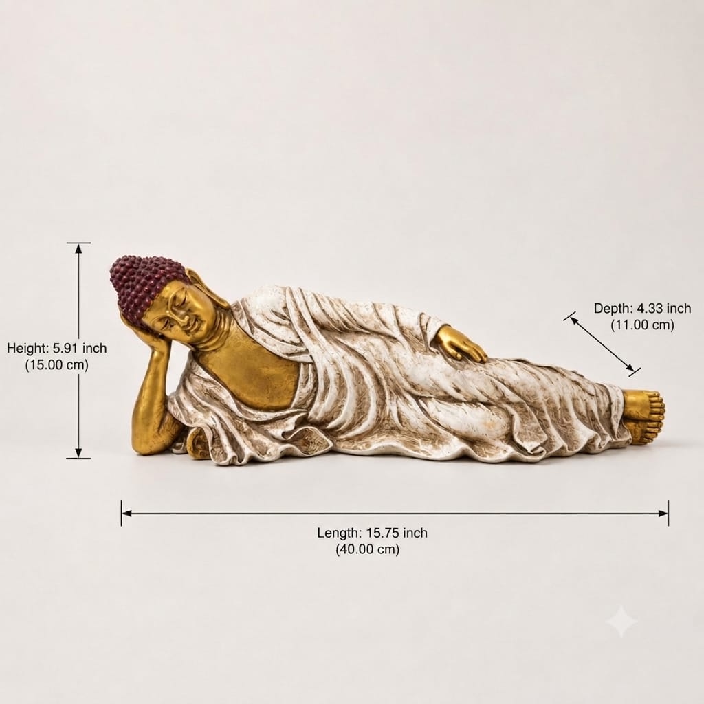 Serene Repose reclining Buddha sculpture with product dimensions