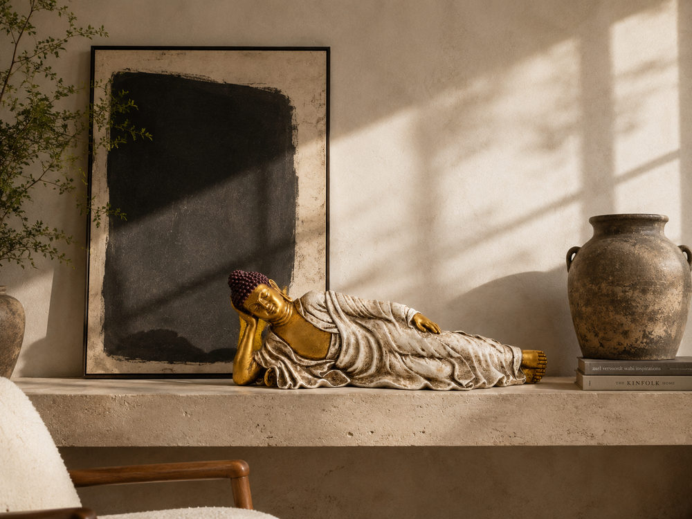 Serene Repose reclining Buddha sculpture styled on a console
