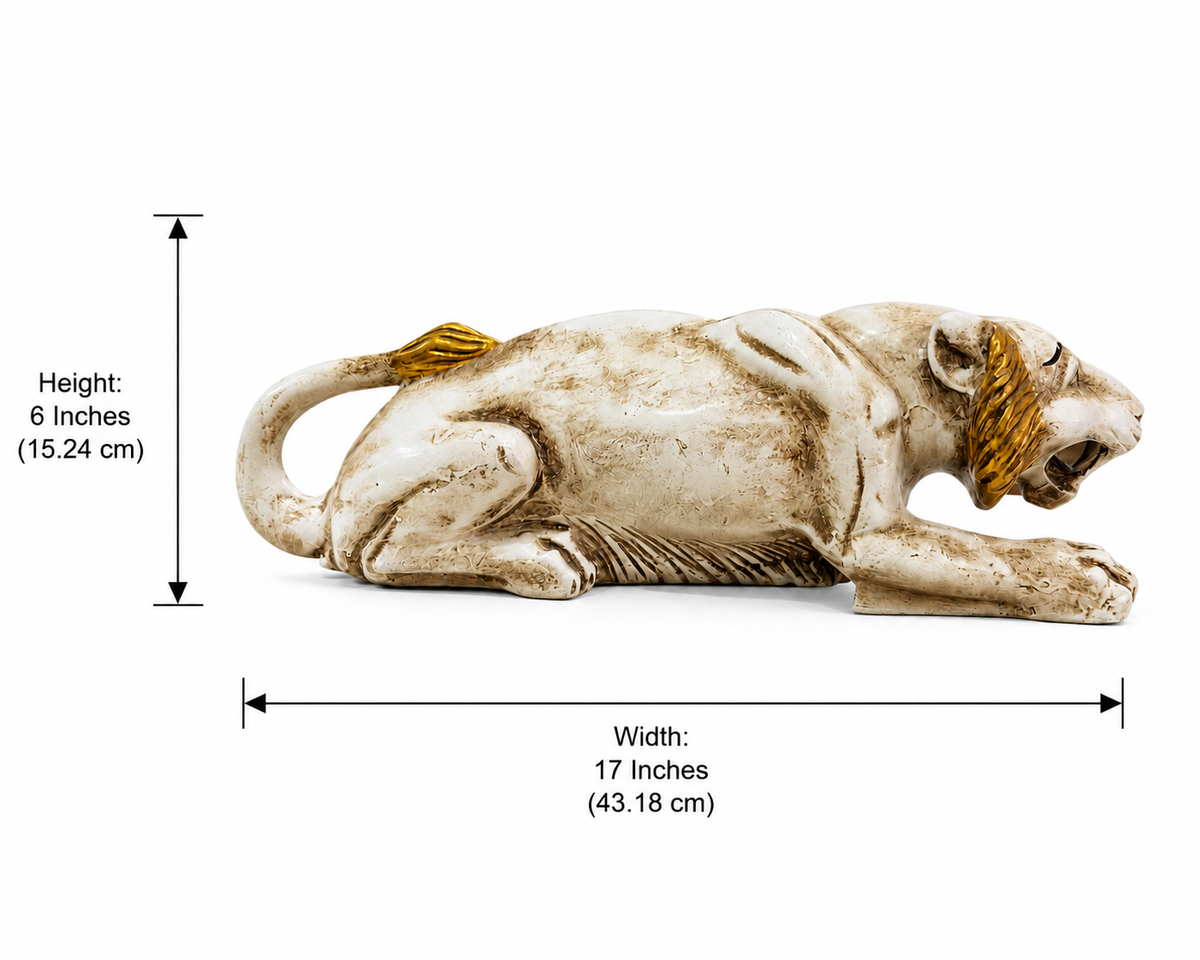 Prowling tiger sculpture dimensions, 17 inches wide and 6 inches high
