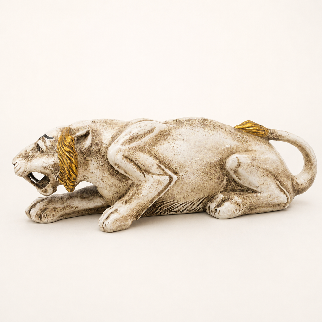 White and gold prowling tiger decorative sculpture, reverse view