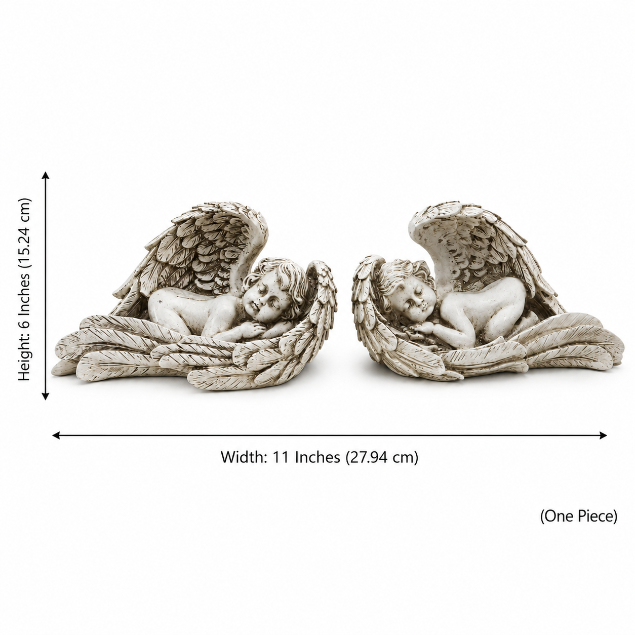 Each sleeping angel sculpture measures 11 inches wide and 6 inches high