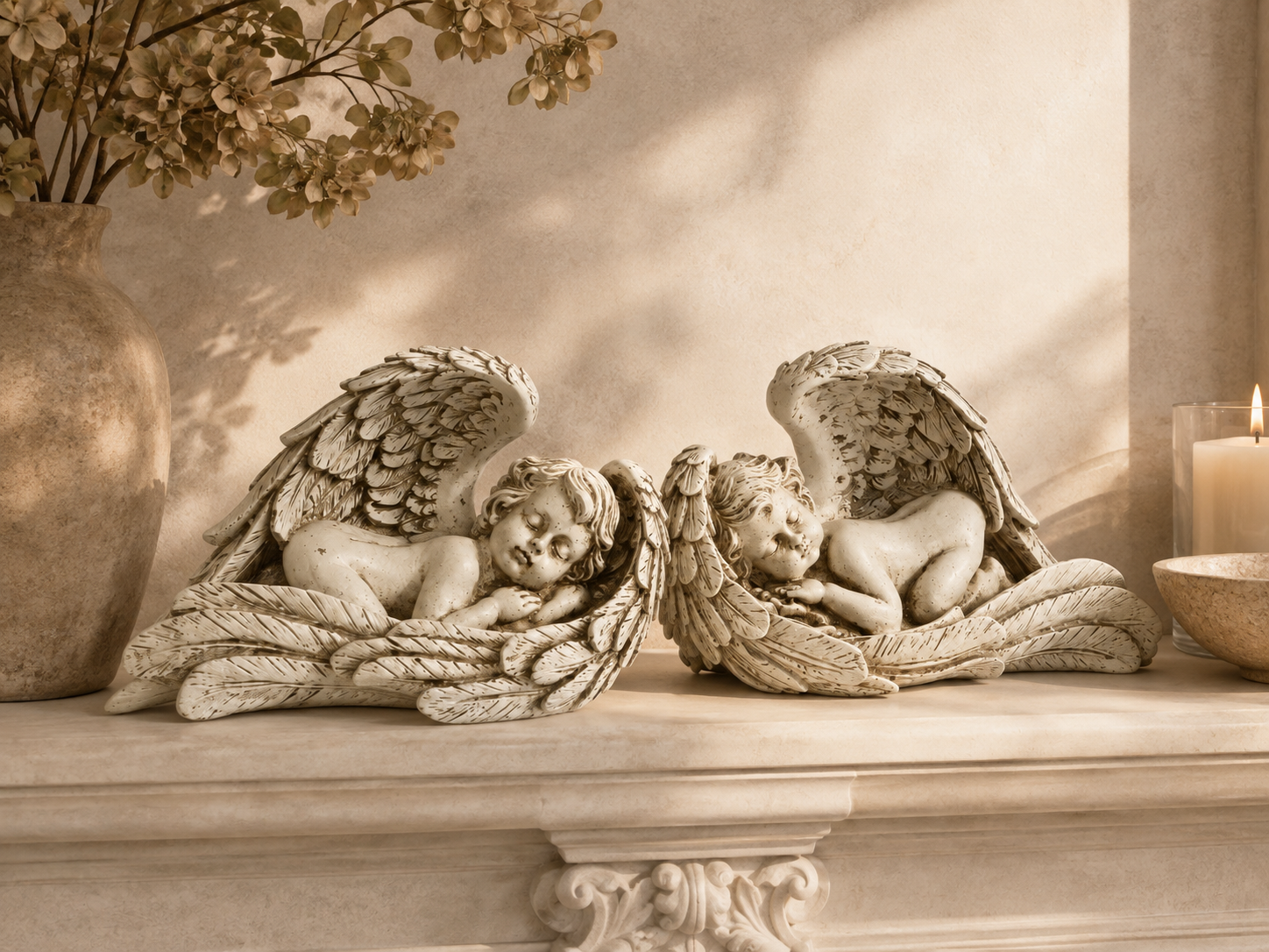 Pair of sleeping angel wing sculptures styled on an indoor mantel