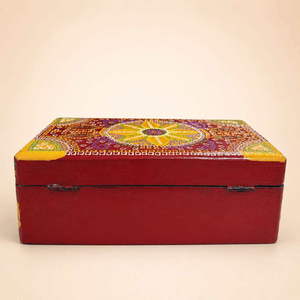 Rear view of Surya Mandala keepsake box showing the red back and lid hinges