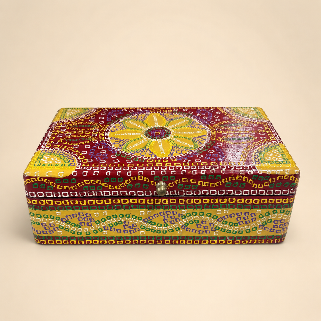 Surya Mandala decorative keepsake box with a red and yellow floral mandala lid, front view
