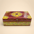 Surya Mandala decorative keepsake box with a red and yellow floral mandala lid, front view